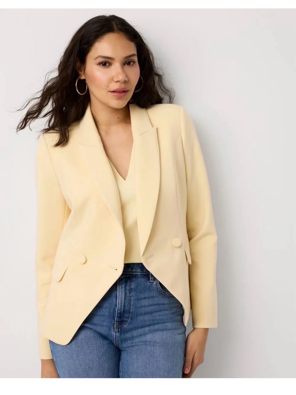NWT $210 WHBM luxe stretch cropped Double Breasted Blazer butter toast Size 8